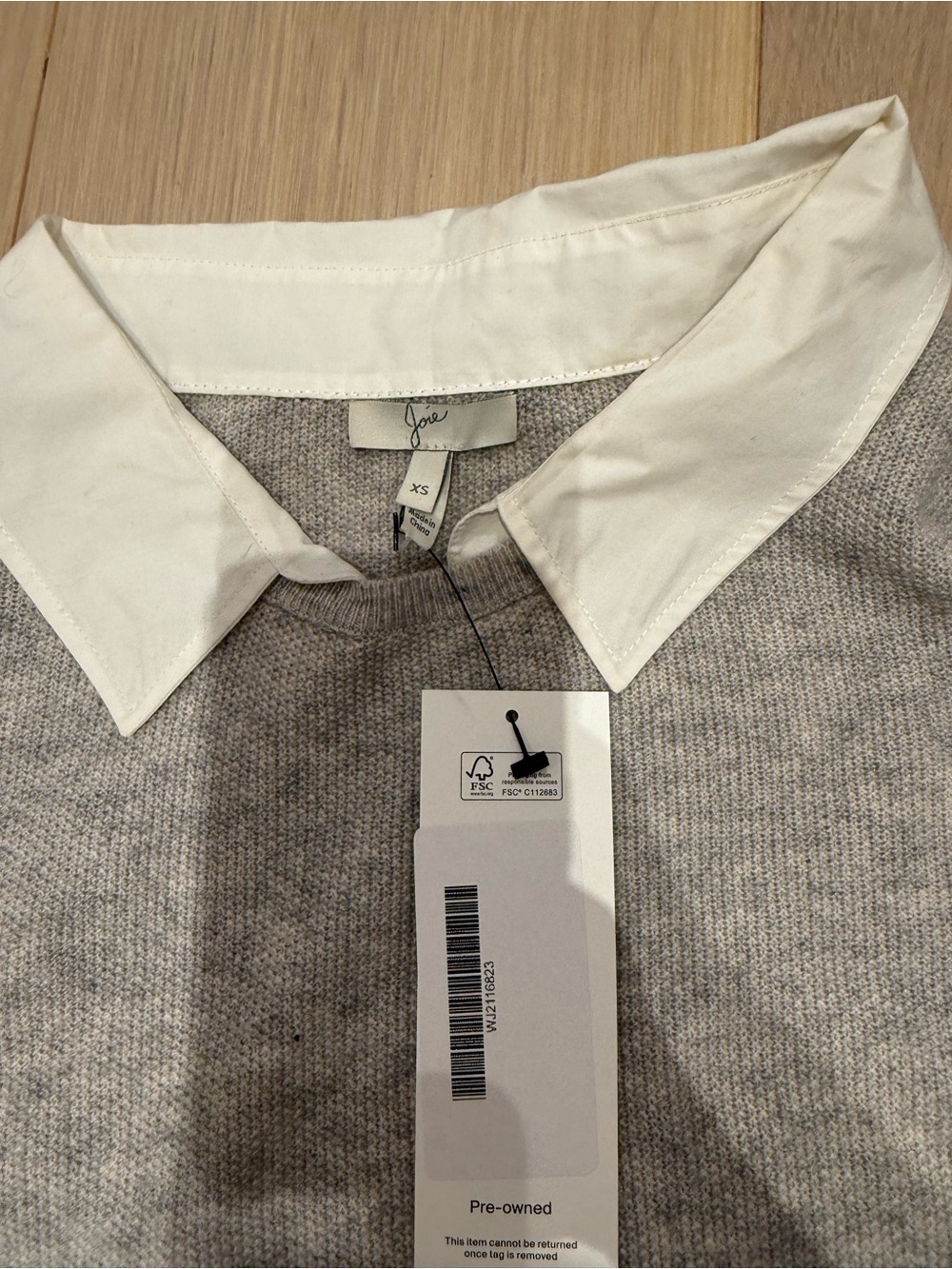 Joie Grey Sweater with White Collar & Hem - Picture 3 of 11